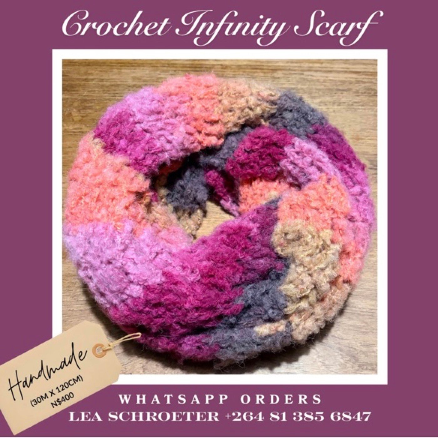 Chunky crochet infinity scarf in plum and peach